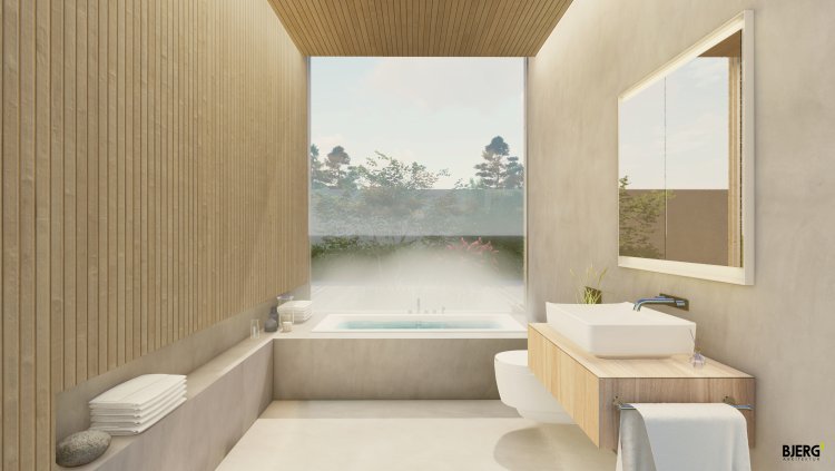Modernes Badezimmer in Beige-Tönen mit Aussicht auf Wald und Himmel