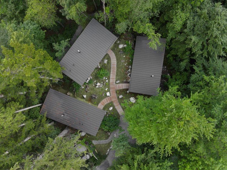 Vogelperspektive auf die Dächer drei kleiner Häuschen mitten im Wald, verbunden mit Holzpfaden