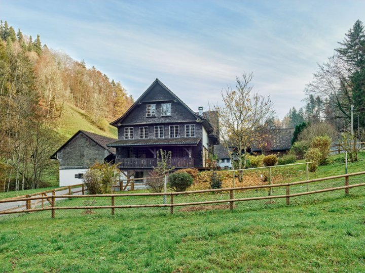 Das grosse alte Haus mit einer mächtigen Holzfassade steht in einem grünen Talkessel.