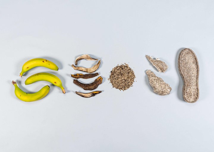 Materialverarbeitung zeigt auf wie von einer Banane die Schalen bis zur Schuhsohle verwertet wird in vier Schritten.