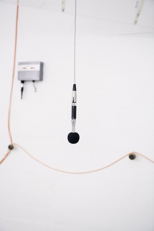 Ein Mikrophon hängt an einem Kabel von der Decke, dahinter eine weisse Wand mit einem roten horizontal verlaufenden roten Kabel.