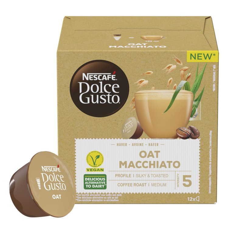 Beige Verpackung und Kaffeekapsel der neuen Geschmacksrichtung Oat Macchiato von Nescafé Dolce Gusto.