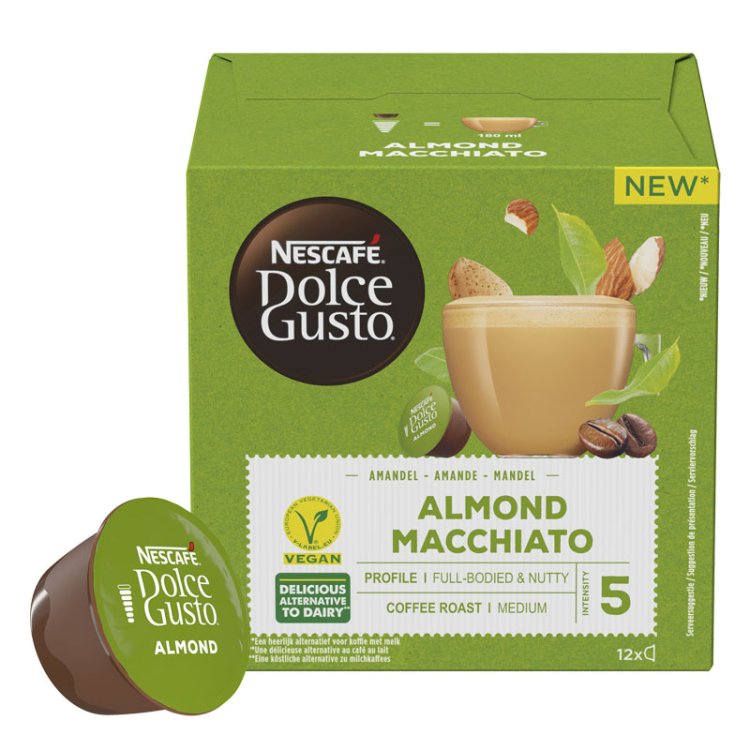 Grüne Verpackung mit Kapsel der neuen Geschmacksrichtung Almond Macchiato von Nescafé Dolce Gusto.