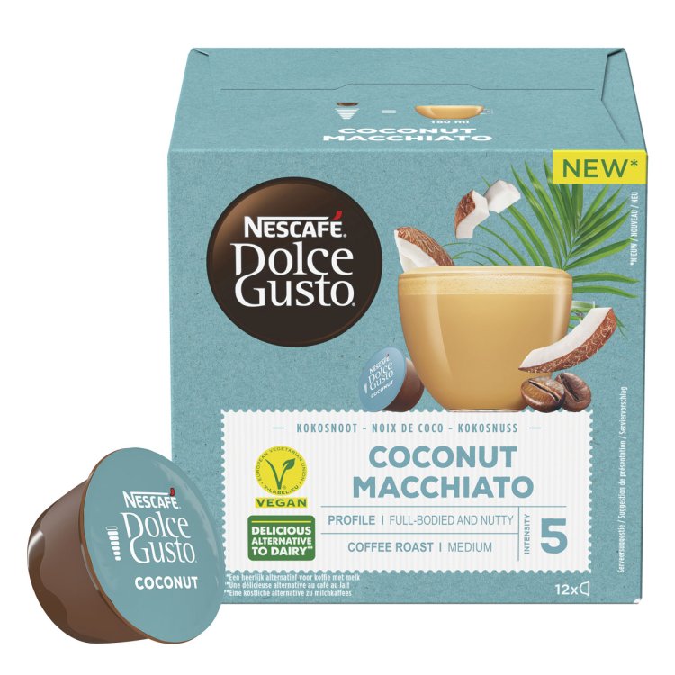 Freisteller einer Verpackung der neuen Kaffee-Geschmacksrichtung «Coconut Macchiato» aus der neuen Nescafé Dolce Gusto Serie.