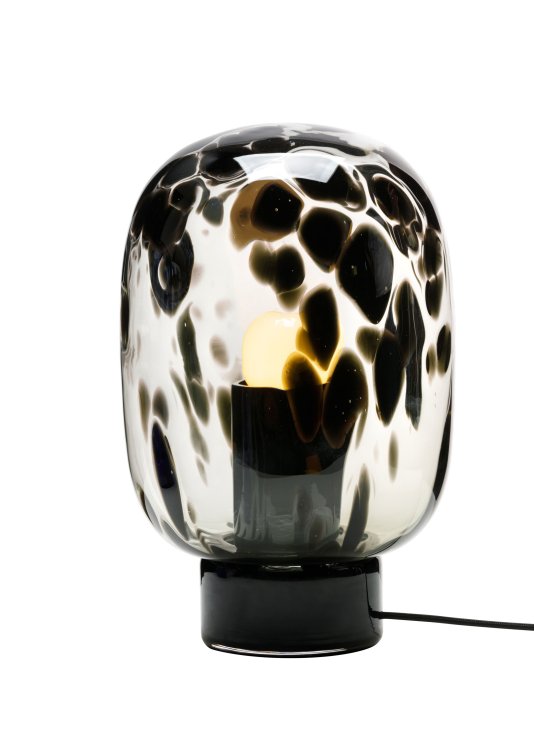 Eine gesprenkelte Tischlampe mit schwarzem Flecken-Muster von Hanne Wellmann für Favius.