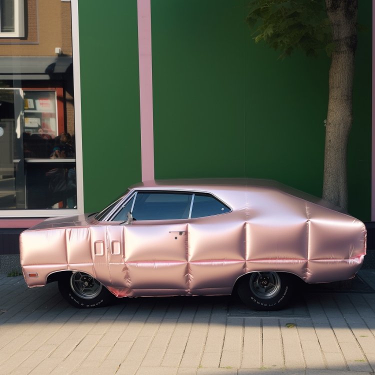 Ein rosa-glänzendes, aufgeblasenes Auto.